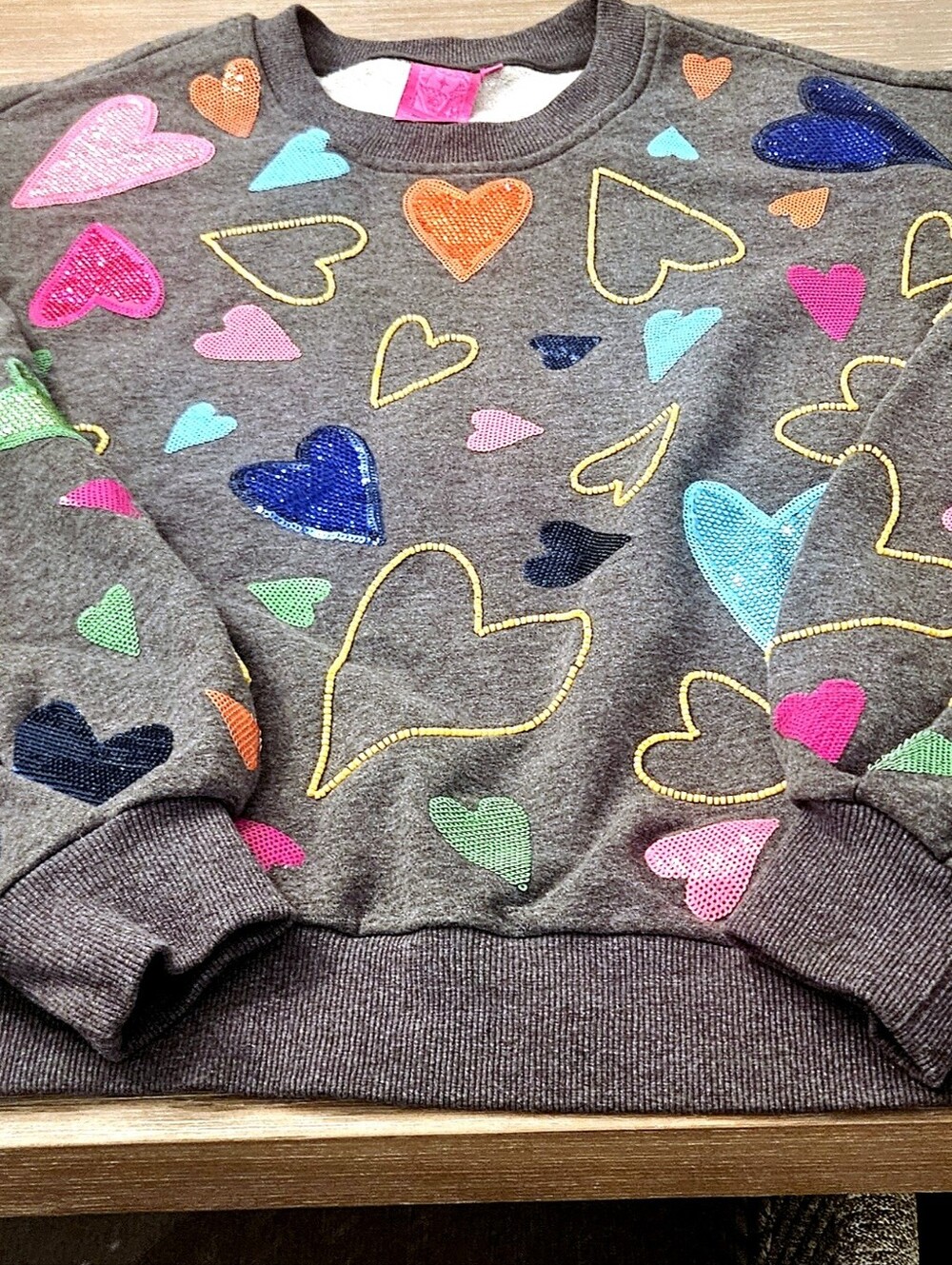 Queen Of Sparkles Gray Crewneck Sweater with Multicolor Heart Appliqués